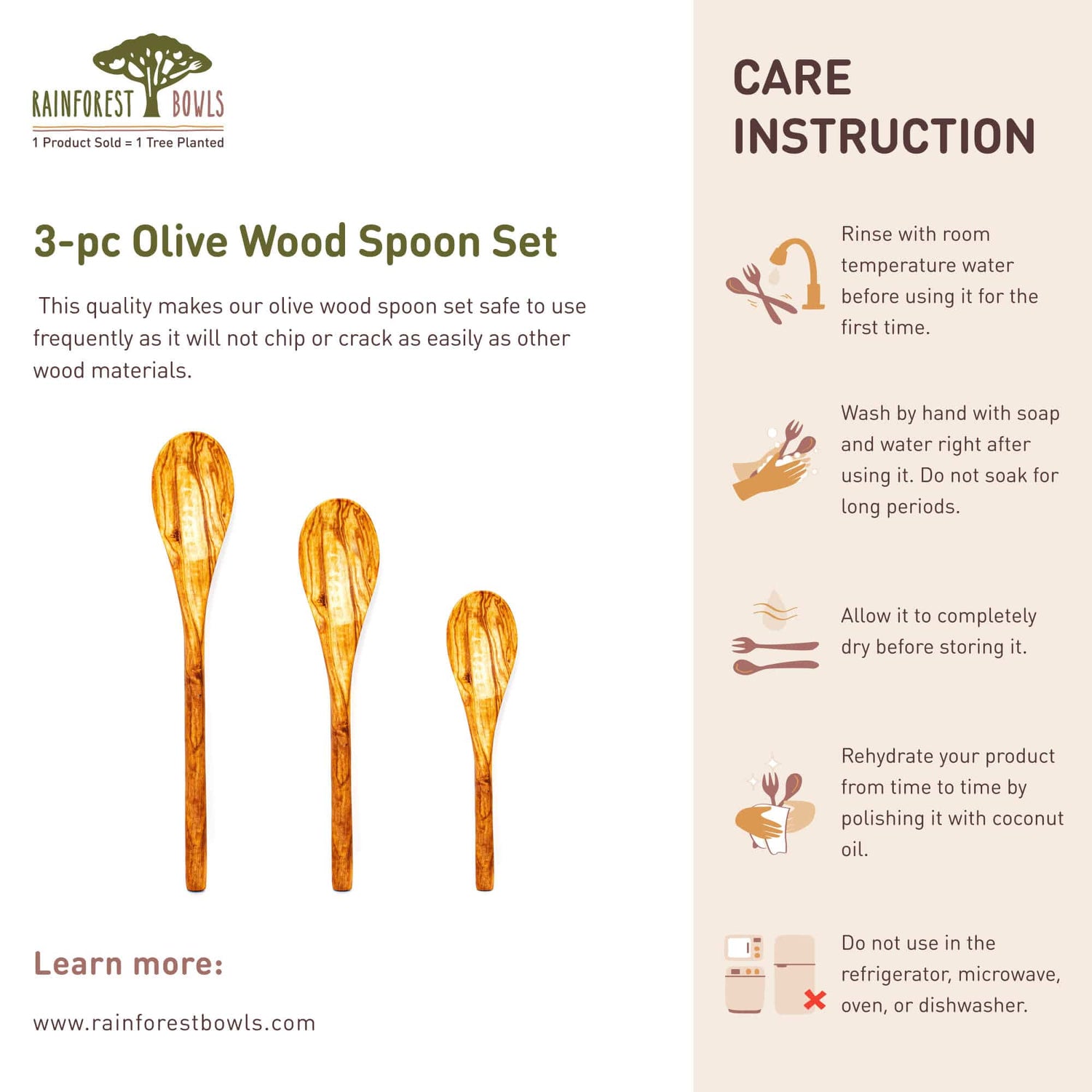 3-Pc Olive Wood Cooking Spoons Set