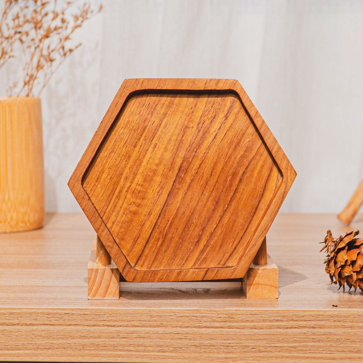 4-Pc Hexagon Teak Wood Coaster Set