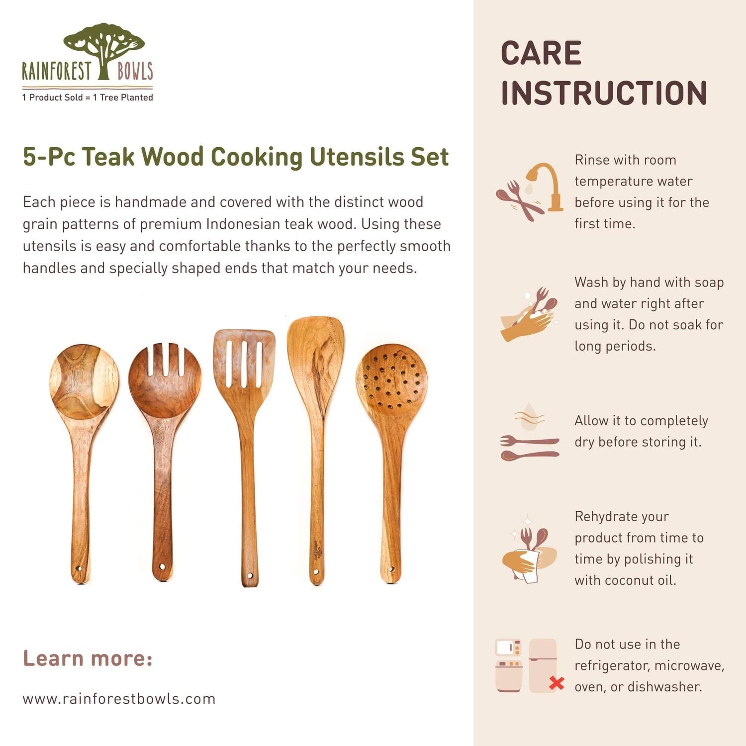 5-Pc Teak Wood Cooking Utensils Set
