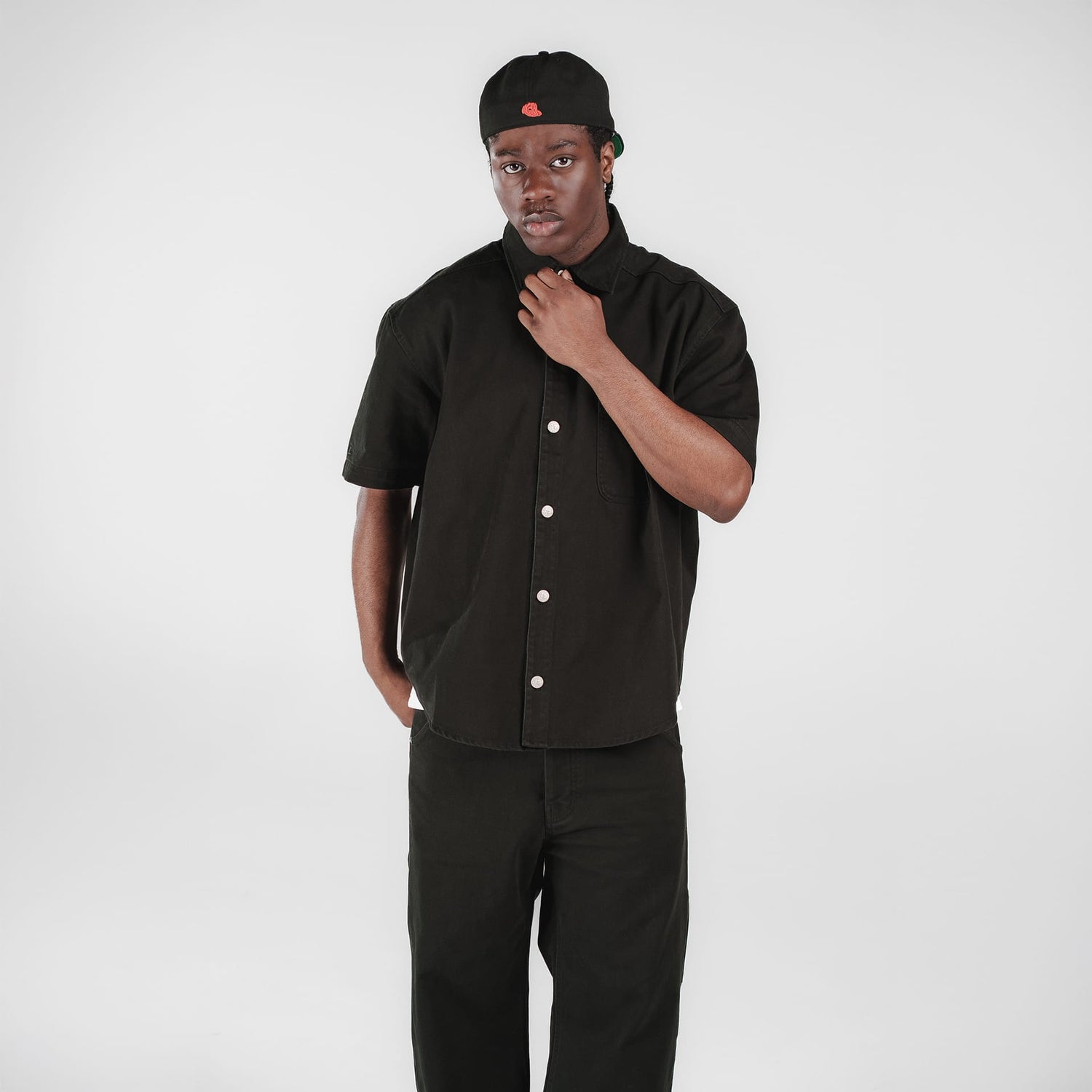 New Era Branded Ellicott Black Twill Half Sleeve Button Up Shirt