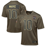 Youth New England Patriots Drake Maye Nike Olive 2025 Salute to Service Game Jersey