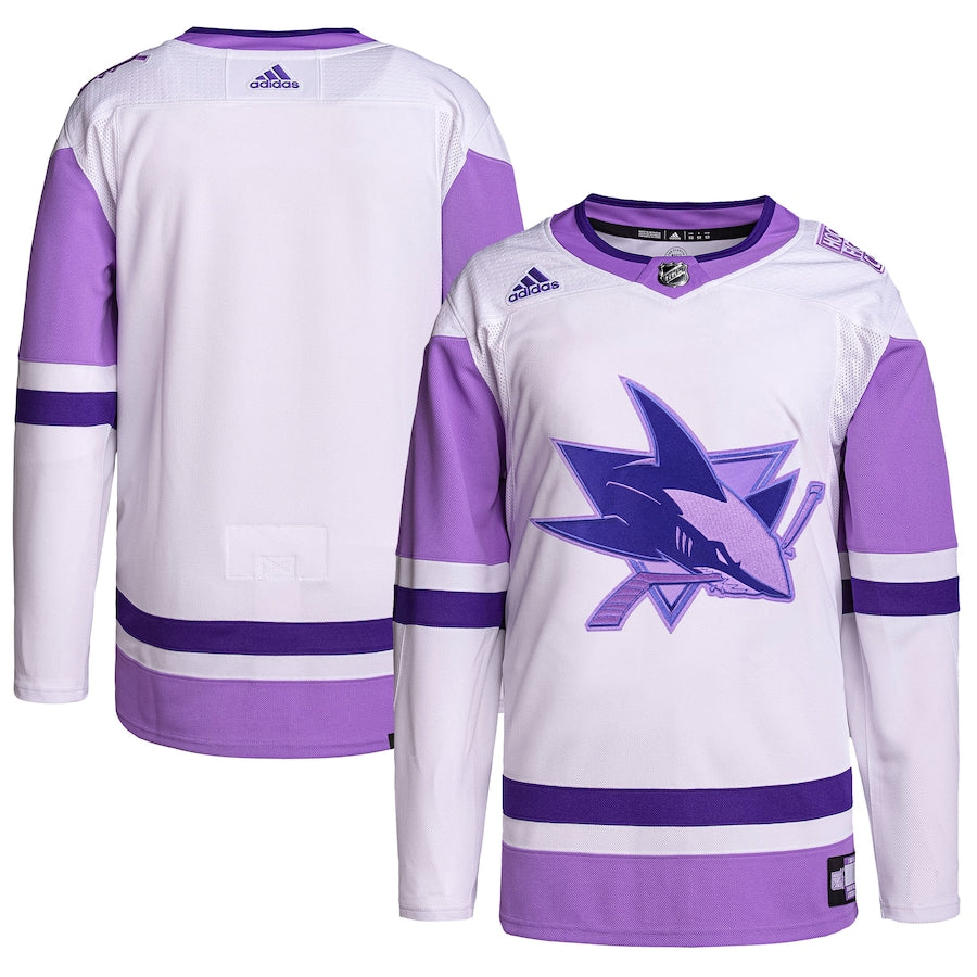 Men's San Jose Sharks adidas White/Purple Hockey Fights Cancer Primegreen Authentic Blank Practice Jersey