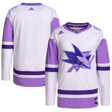 Men's San Jose Sharks adidas White/Purple Hockey Fights Cancer Primegreen Authentic Blank Practice Jersey