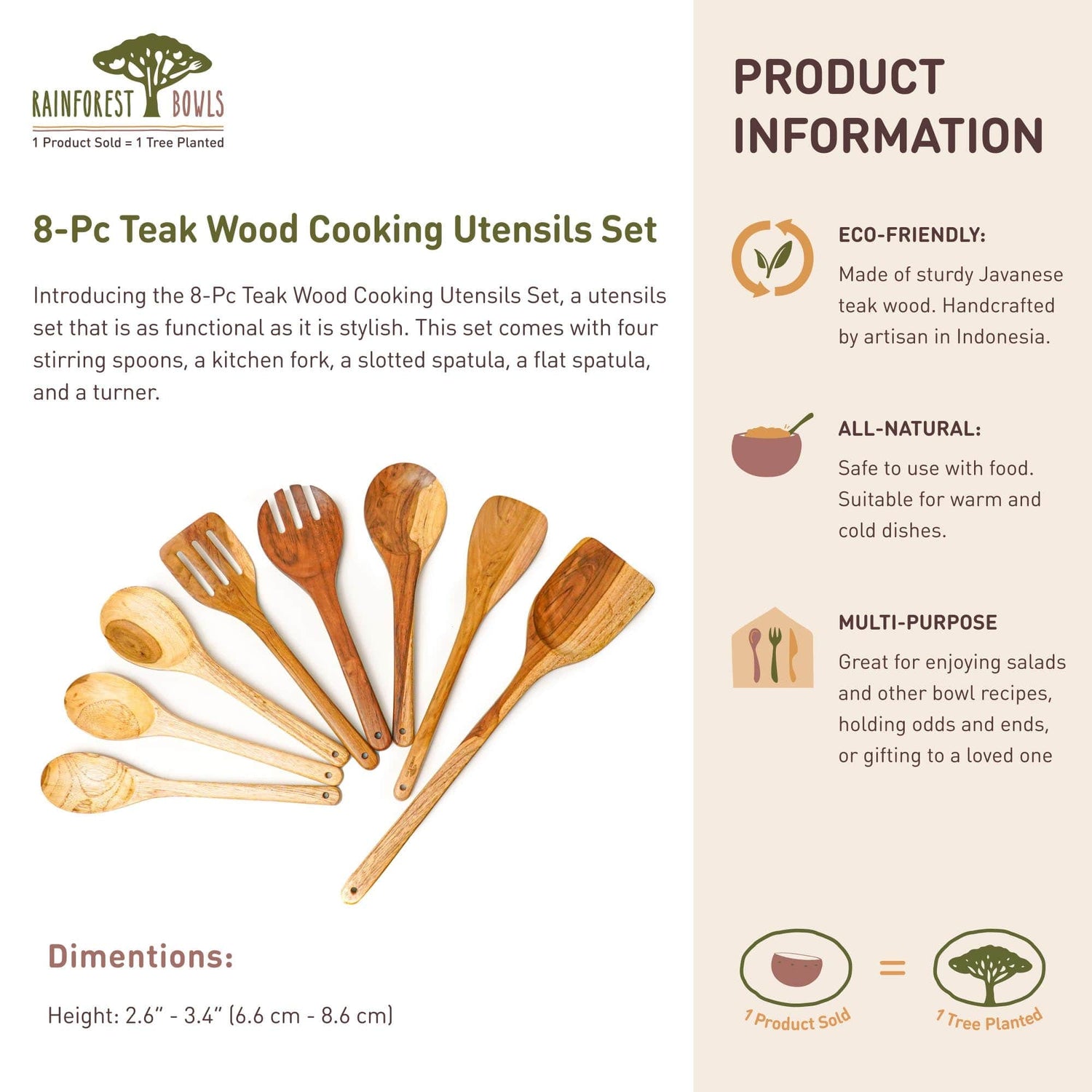 8-Pc Teak Wood Cooking Utensils Set