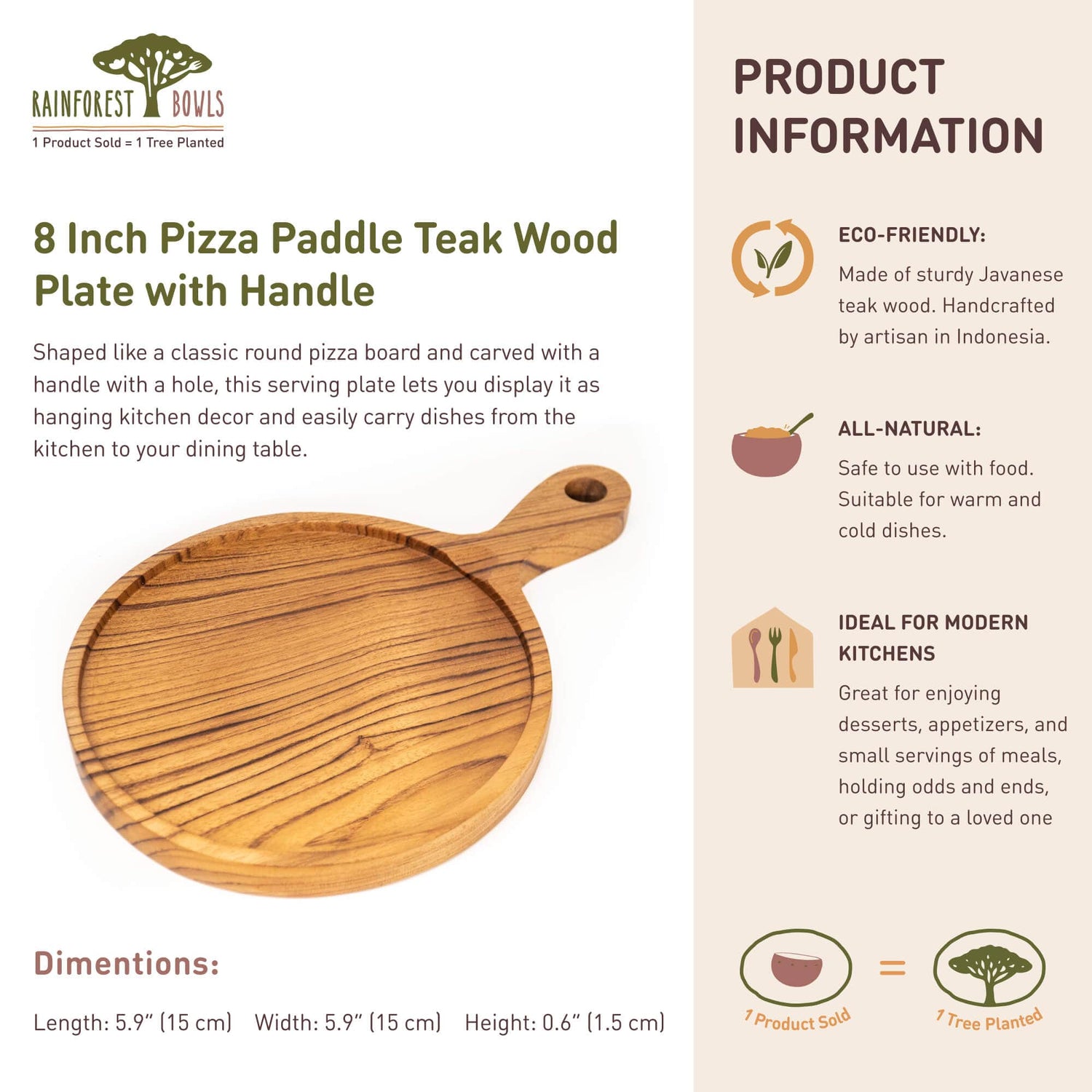 8 Inch Teak Wood Pizza Board with Handle & Rim