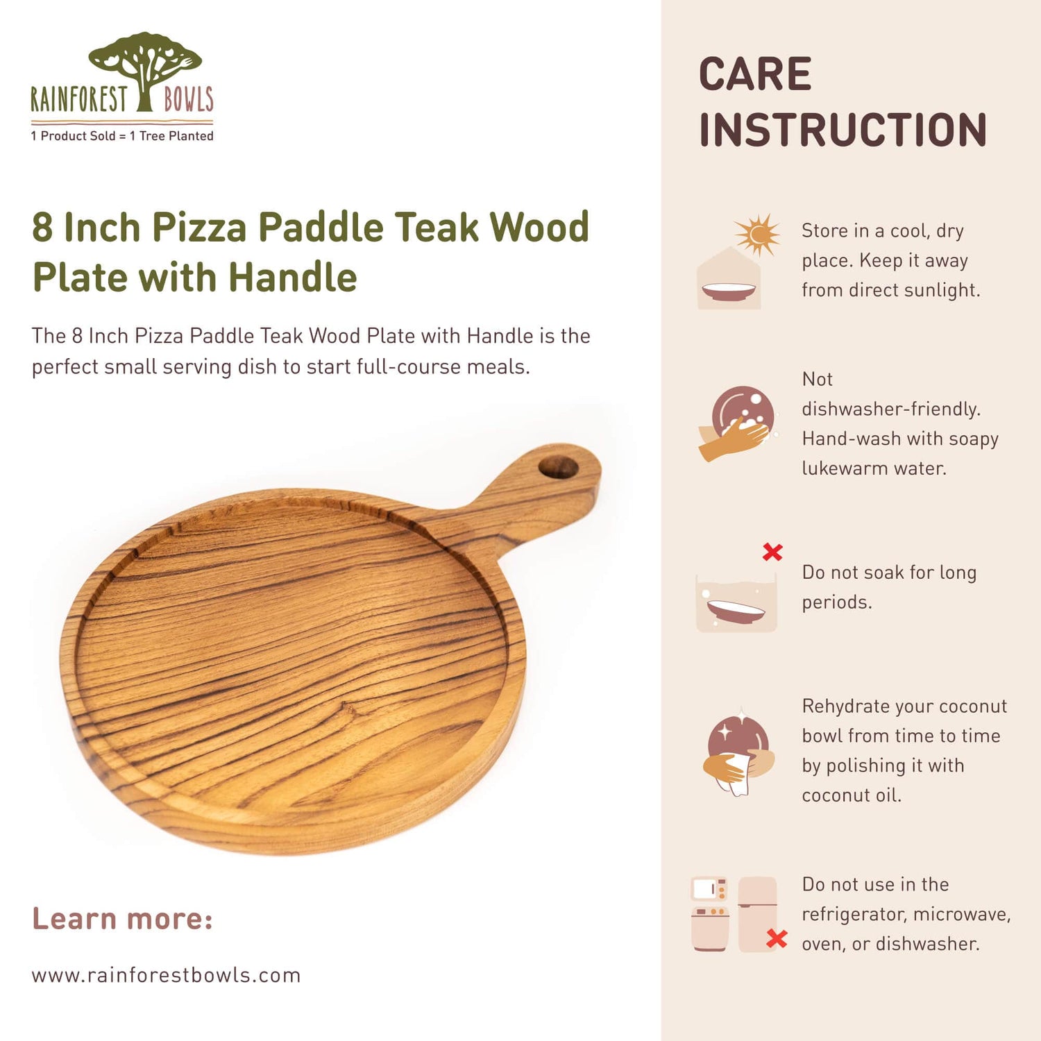 8 Inch Teak Wood Pizza Board with Handle & Rim