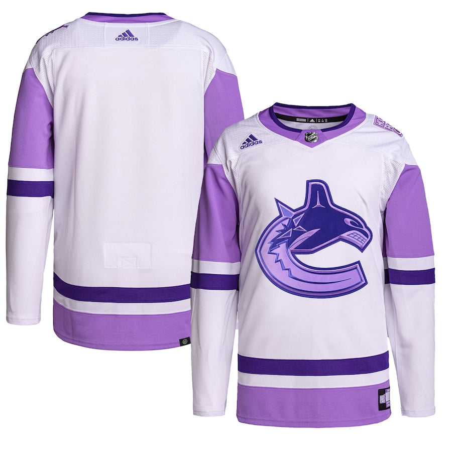 Men's Vancouver Canucks adidas White/Purple Hockey Fights Cancer Primegreen Authentic Blank Practice Jersey
