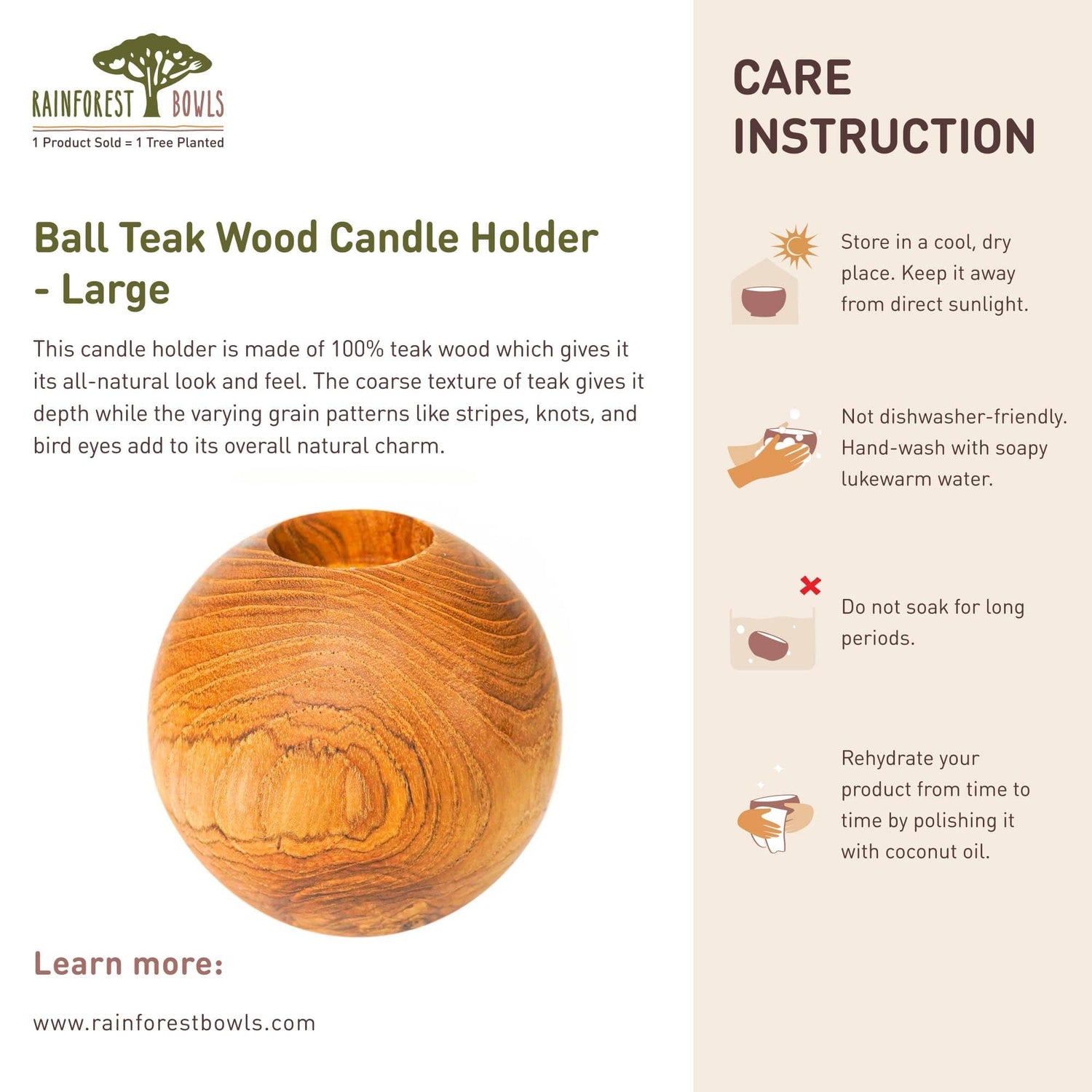 Ball Teak Wood Candle Holder - Large