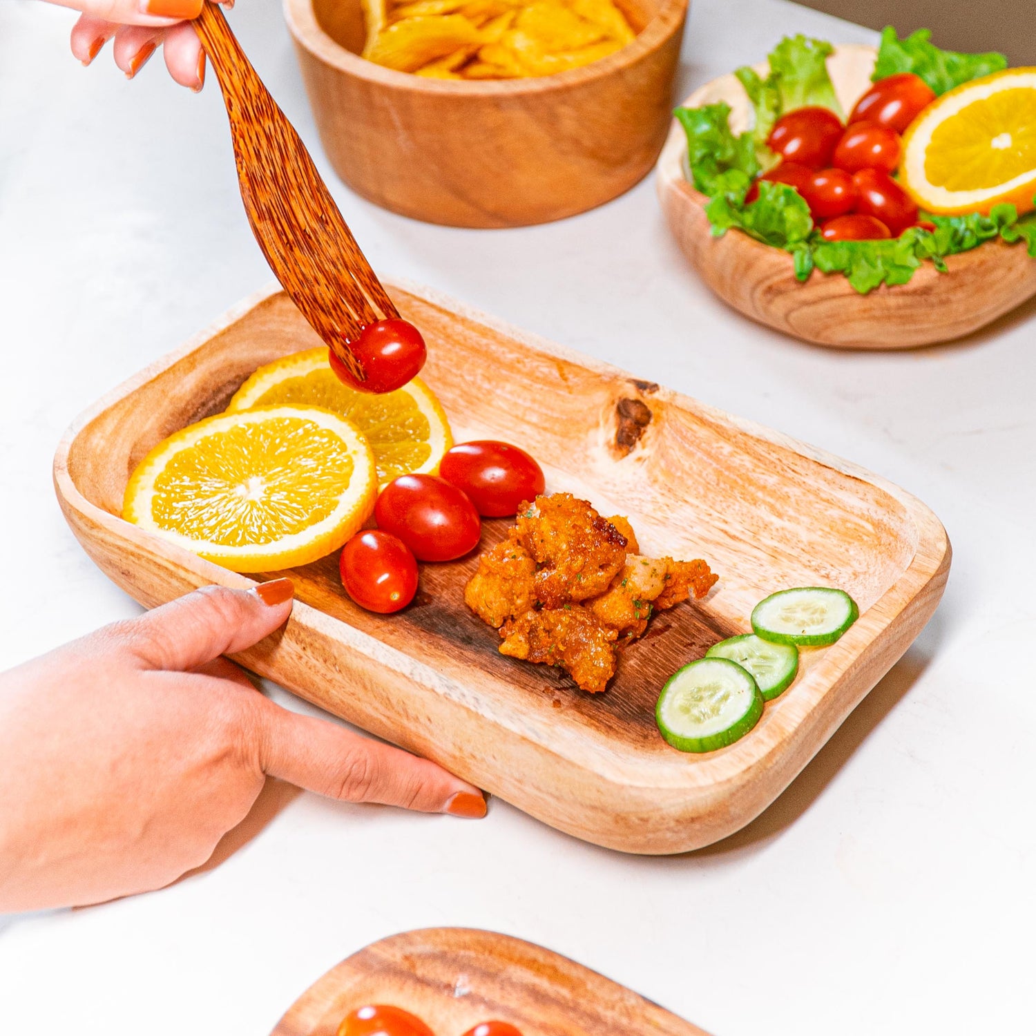 Rectangular Acacia Wood Low Salad Serving Bowl