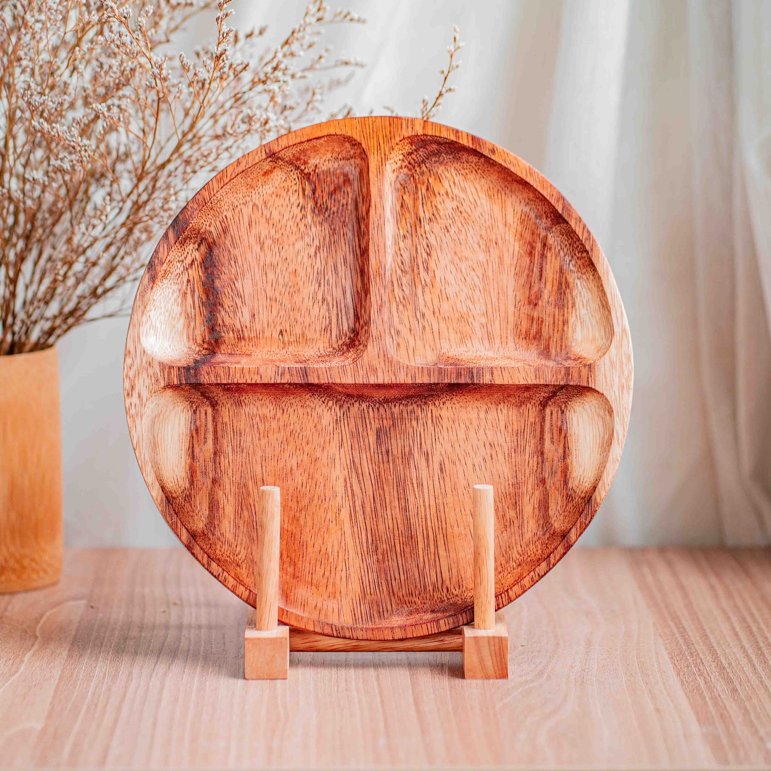 3-Compartment Round Acacia Wood Plate