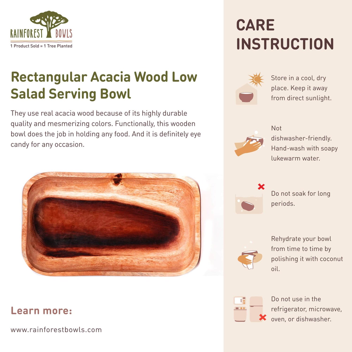 Rectangular Acacia Wood Low Salad Serving Bowl