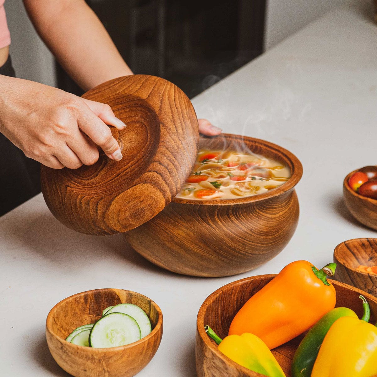 Ripple Teak Wood Bowl with Lid - Jumbo