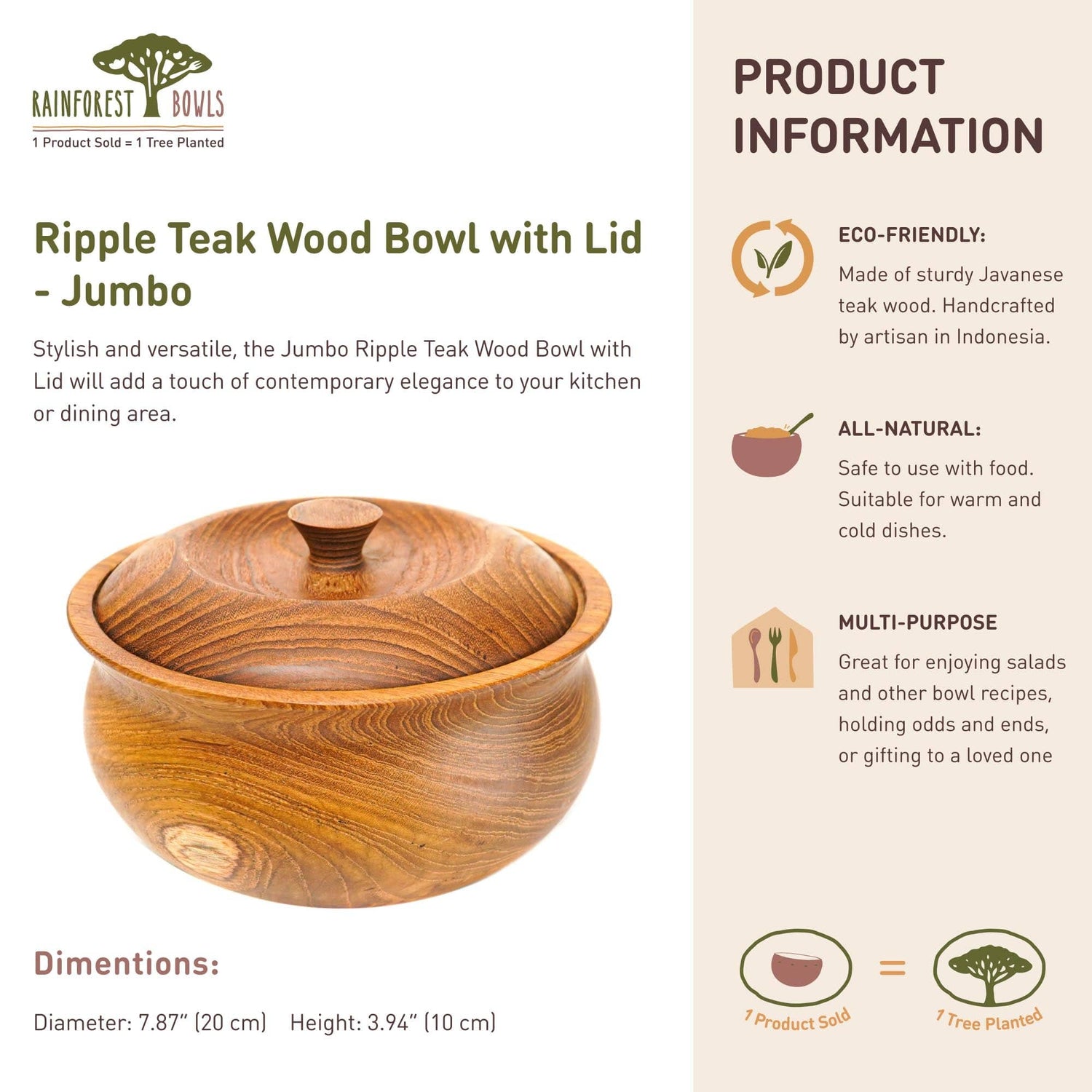 Ripple Teak Wood Bowl with Lid - Jumbo