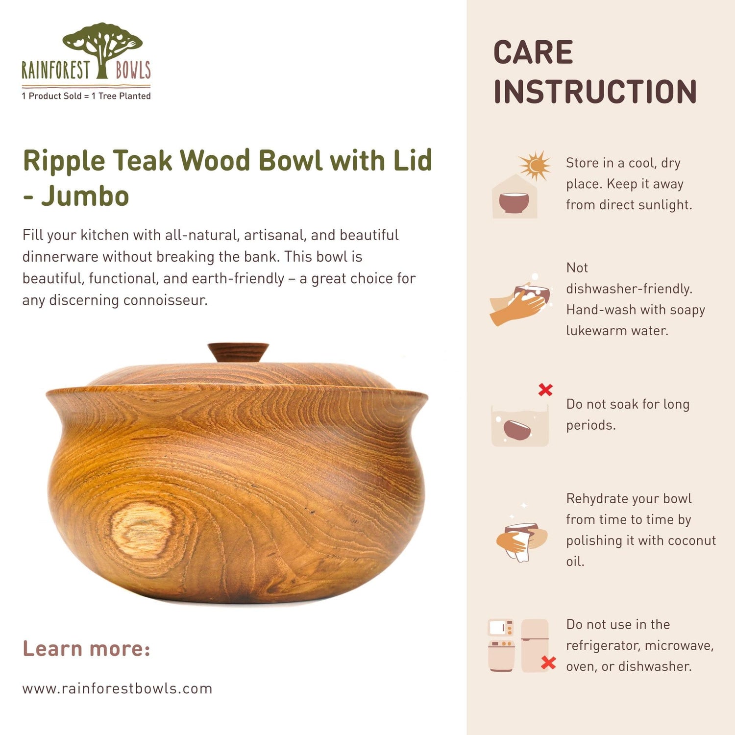 Ripple Teak Wood Bowl with Lid - Jumbo