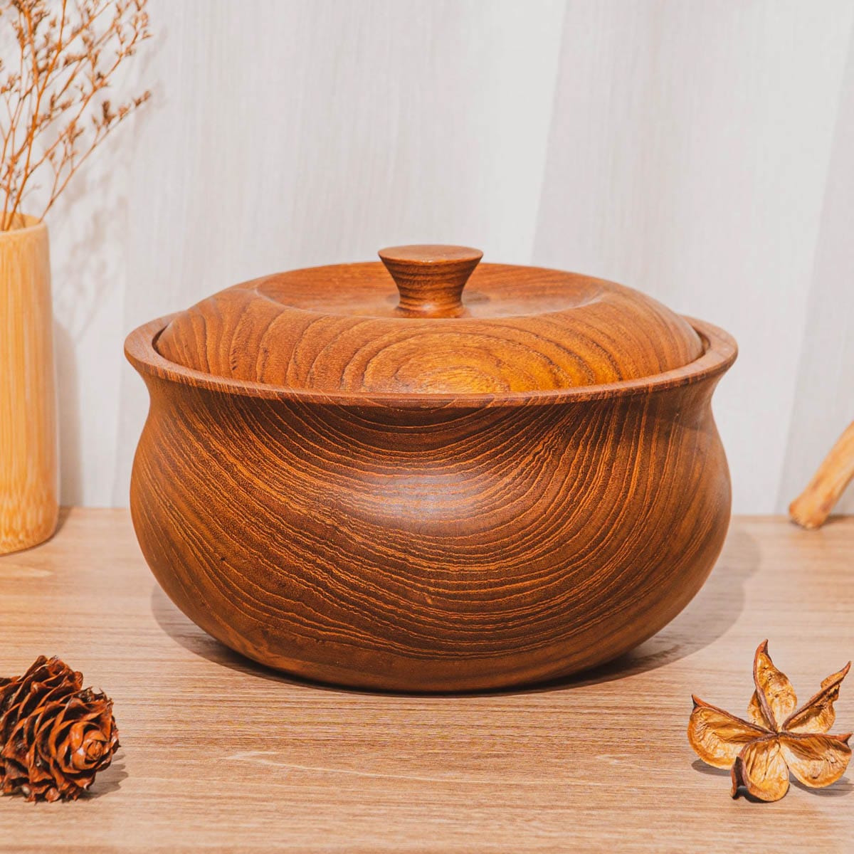 Ripple Teak Wood Bowl with Lid - Jumbo