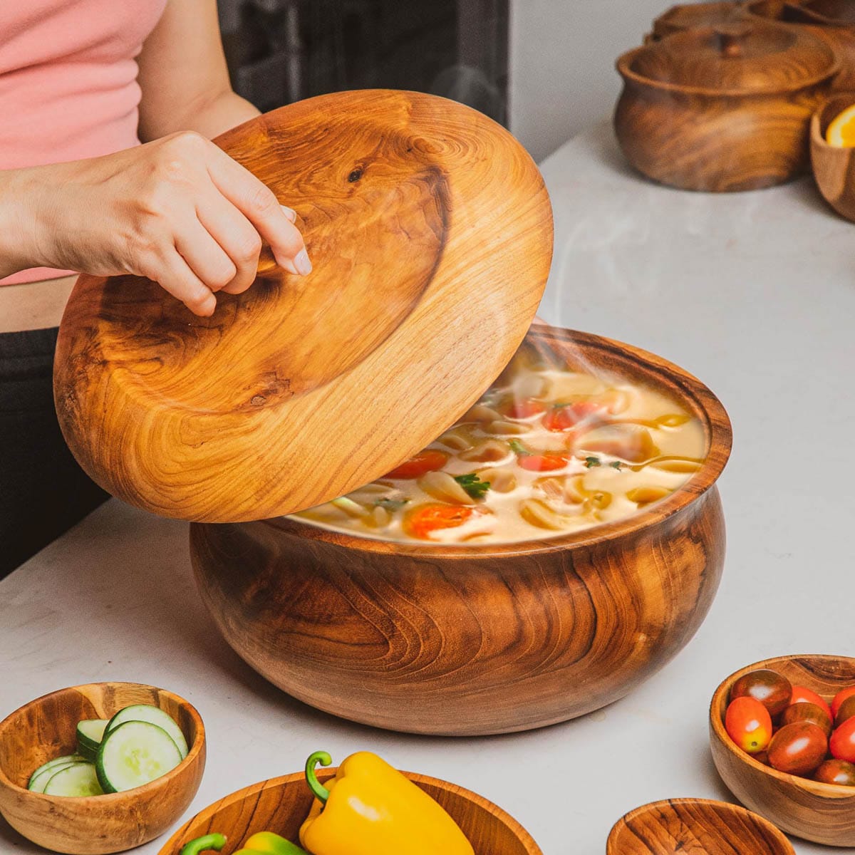 Ripple Teak Wood Salad Serving Bowl