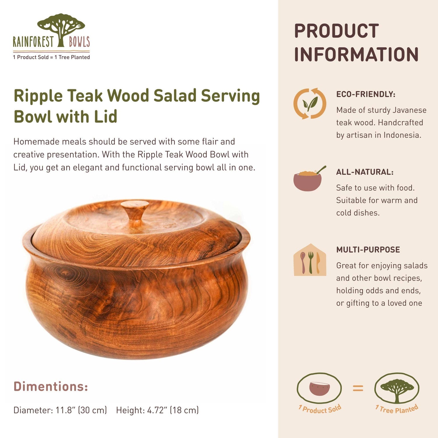 Ripple Teak Wood Salad Serving Bowl