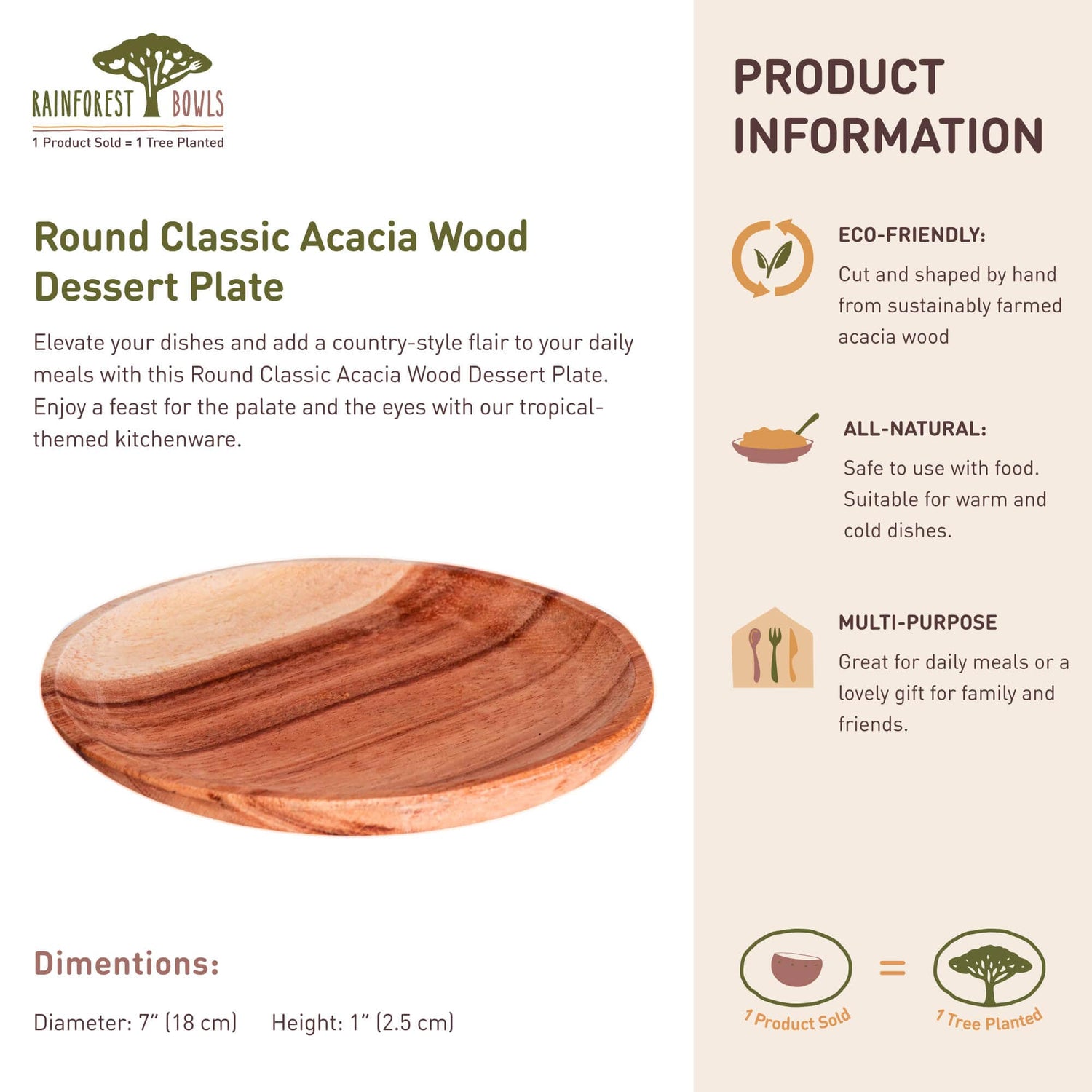 Round Classic Acacia Wood Dessert Plate