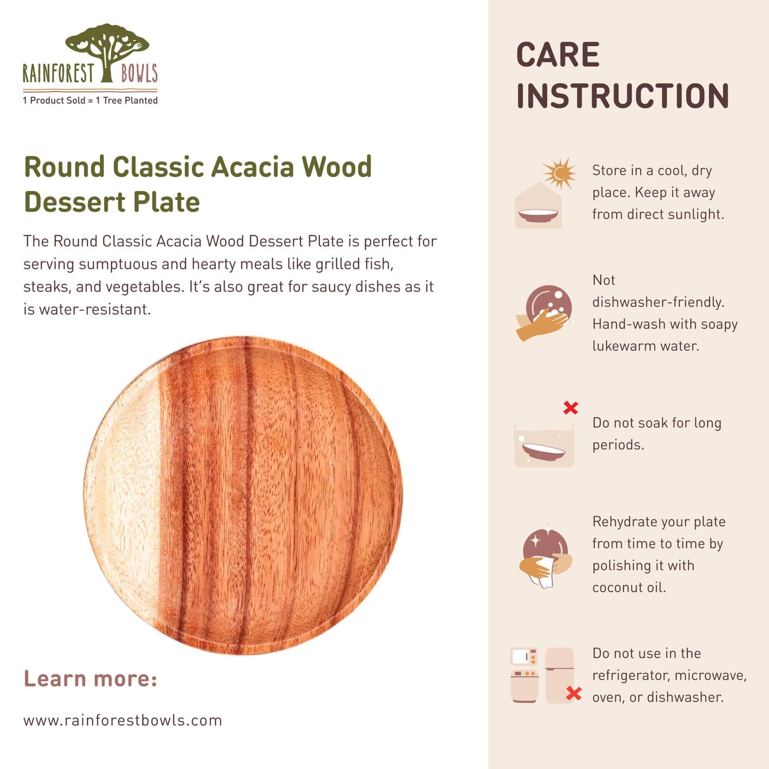 Round Classic Acacia Wood Dessert Plate