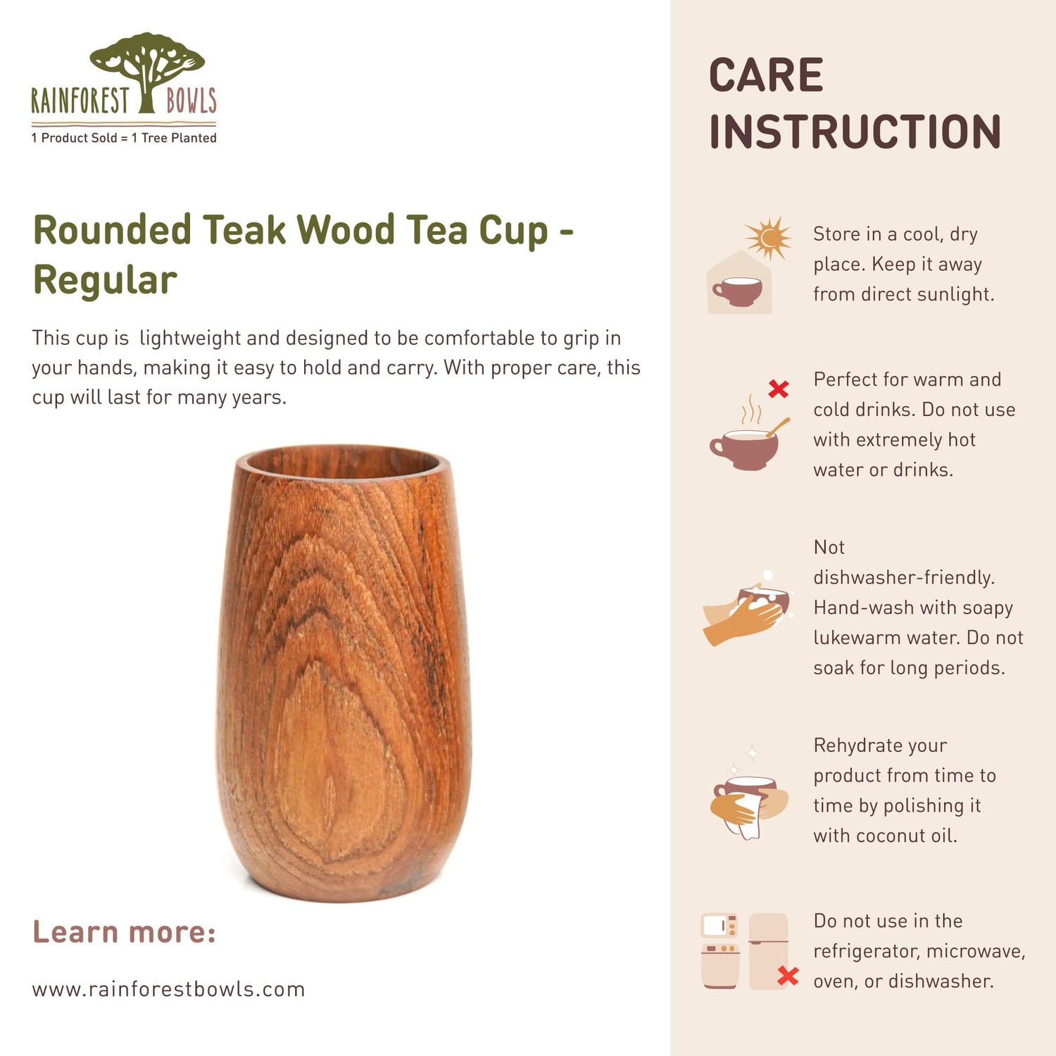 Rounded Teak Wood Cup - Regular