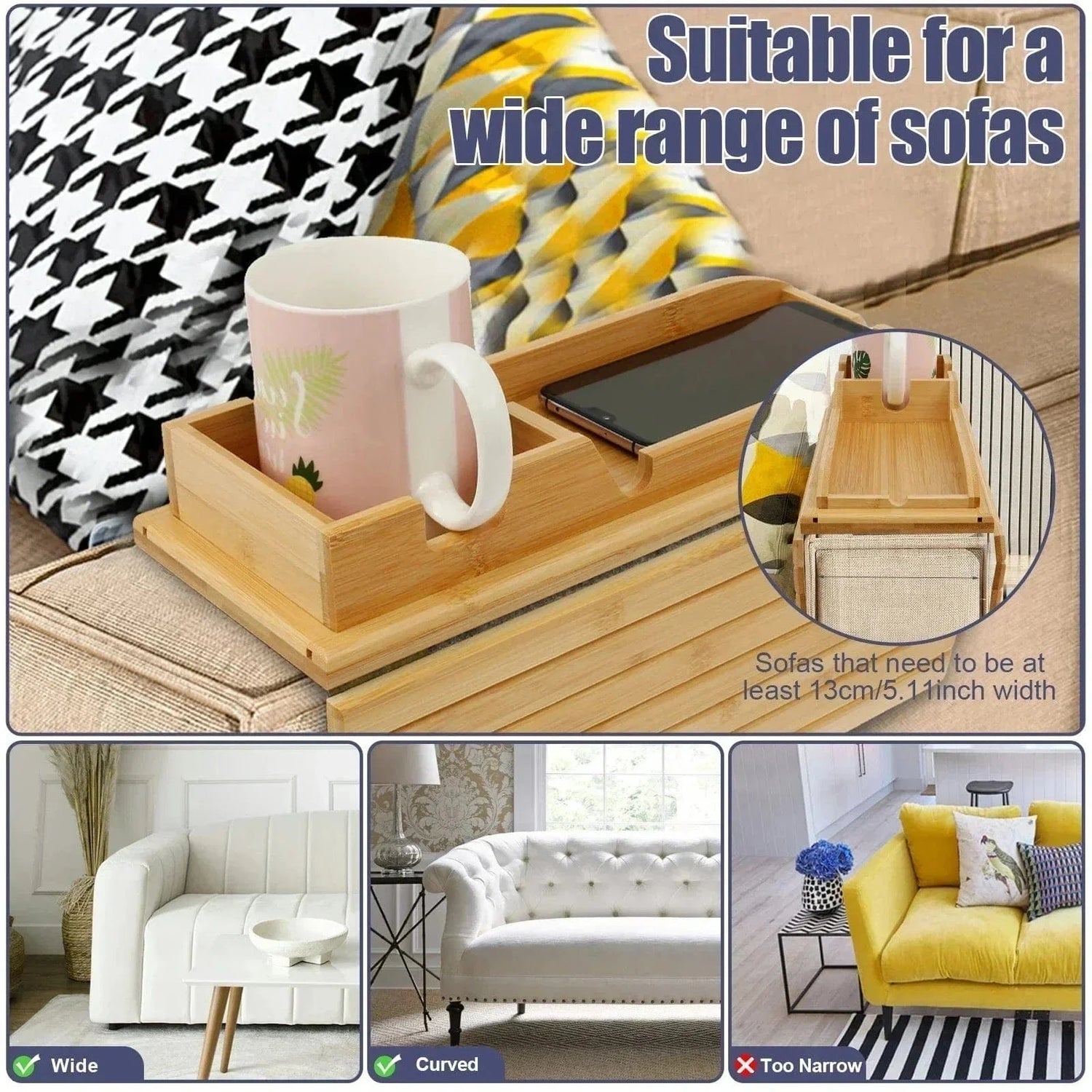 Couch Cup Holder Bamboo Wood Sofa Armrest Tray – Foldable Non-Slip Sofa Cup Holder and Side Storage Tray