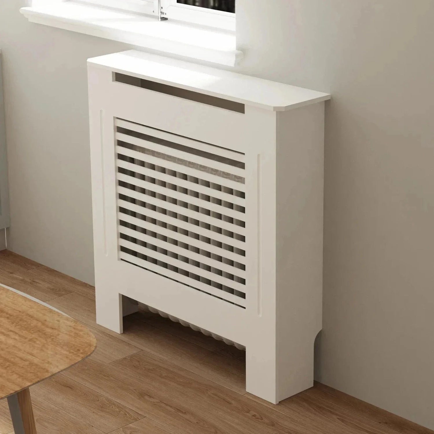 Wood Radiator Cover Cabinet – White MDF Heater Cover with Horizontal Slats