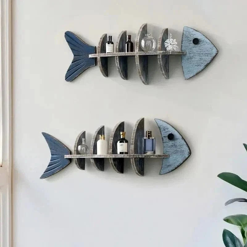 Wooden Fish Skeleton Wall Shelf – Mediterranean Style Decorative Rack