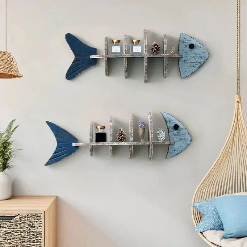 Wooden Fish Skeleton Wall Shelf – Mediterranean Style Decorative Rack