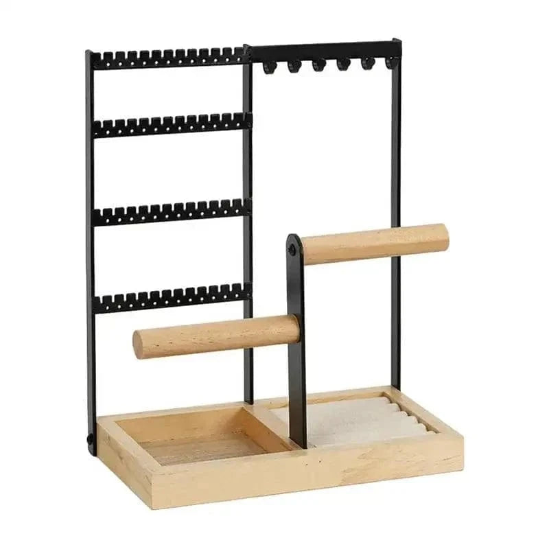 Multi-Tier Jewelry Organizer Stand with Wooden Tray – Necklace, Earring, Bracelet & Ring Display Rack