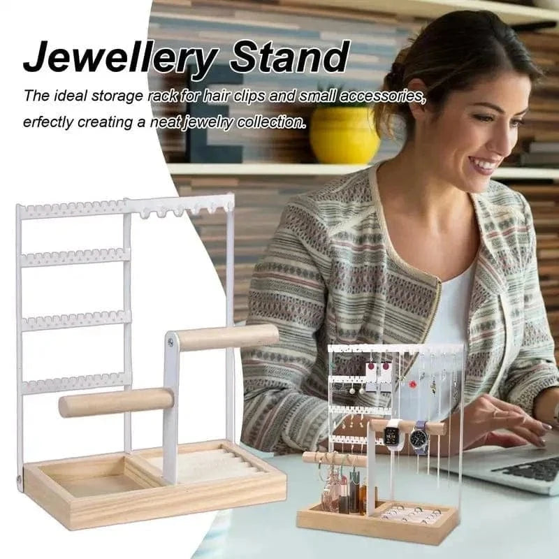 Multi-Tier Jewelry Organizer Stand with Wooden Tray – Necklace, Earring, Bracelet & Ring Display Rack