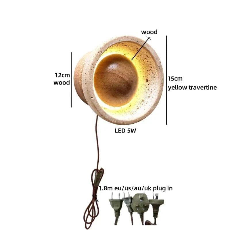 LED Wall Lamp with Switch – Wood & Travertine Wall Sconce for Bedroom, Living Room, or Stair Lighting