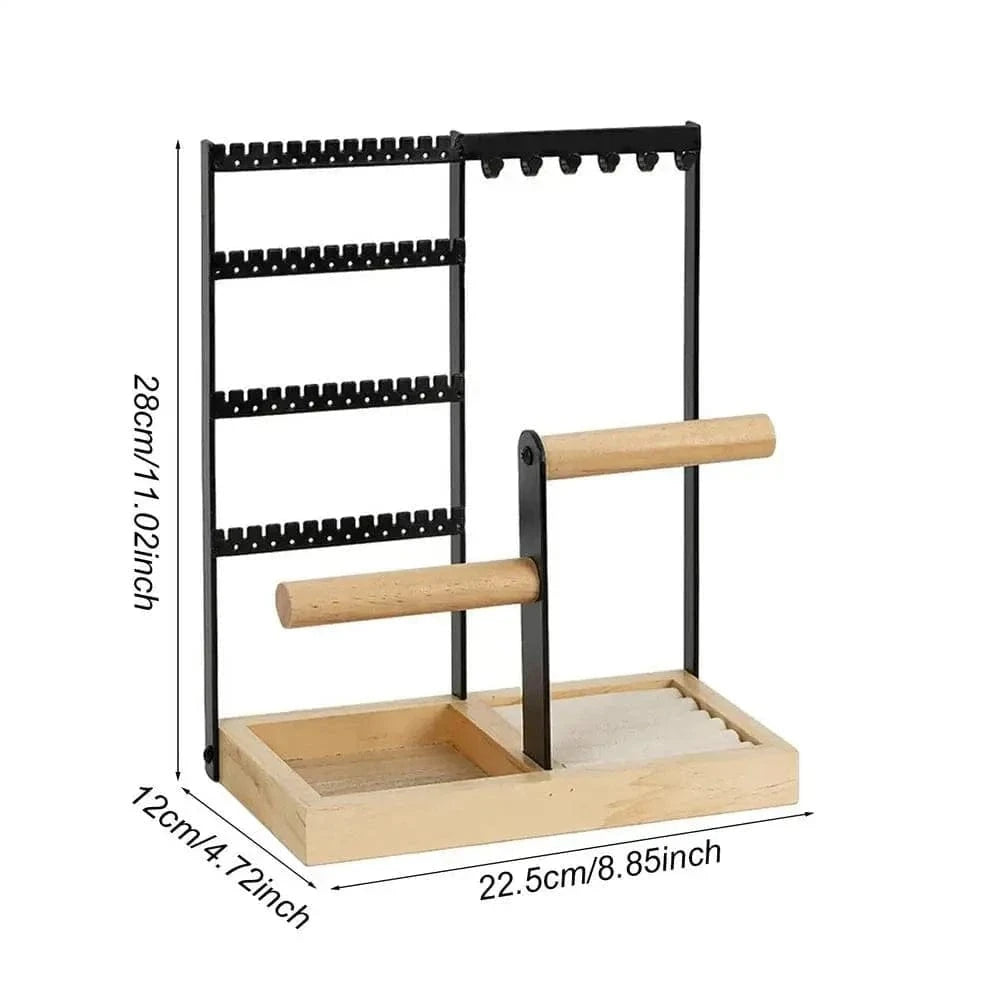 Multi-Tier Jewelry Organizer Stand with Wooden Tray – Necklace, Earring, Bracelet & Ring Display Rack