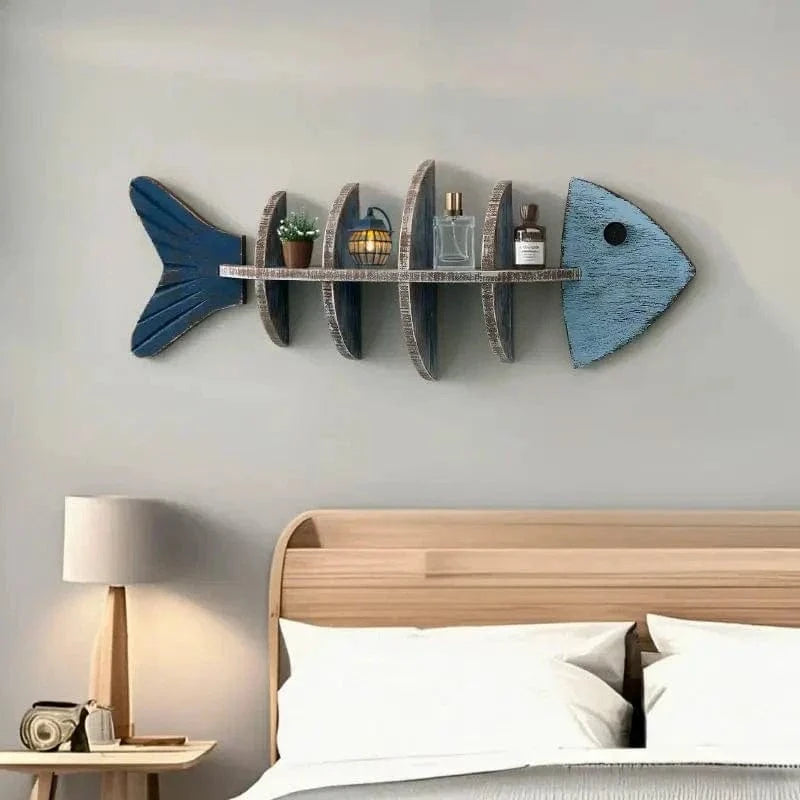 Wooden Fish Skeleton Wall Shelf – Mediterranean Style Decorative Rack