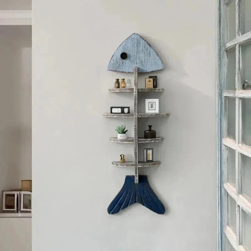 Wooden Fish Skeleton Wall Shelf – Mediterranean Style Decorative Rack