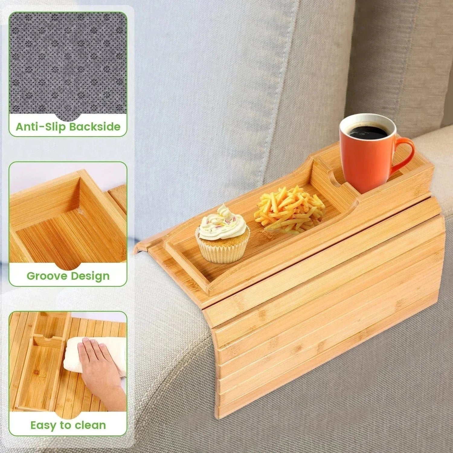 Couch Cup Holder Bamboo Wood Sofa Armrest Tray – Foldable Non-Slip Sofa Cup Holder and Side Storage Tray