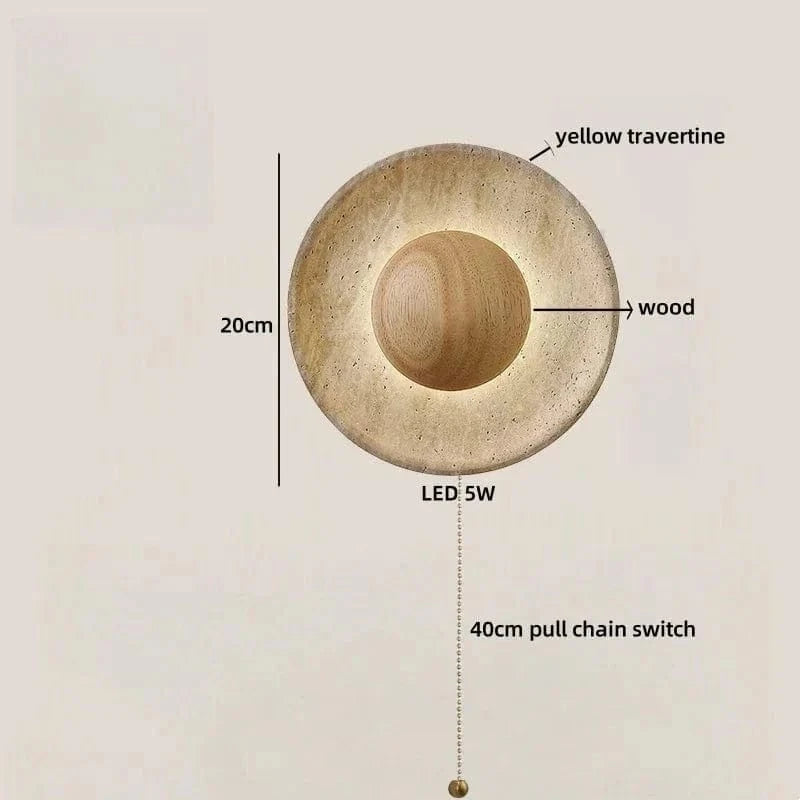 LED Wall Lamp with Switch – Wood & Travertine Wall Sconce for Bedroom, Living Room, or Stair Lighting
