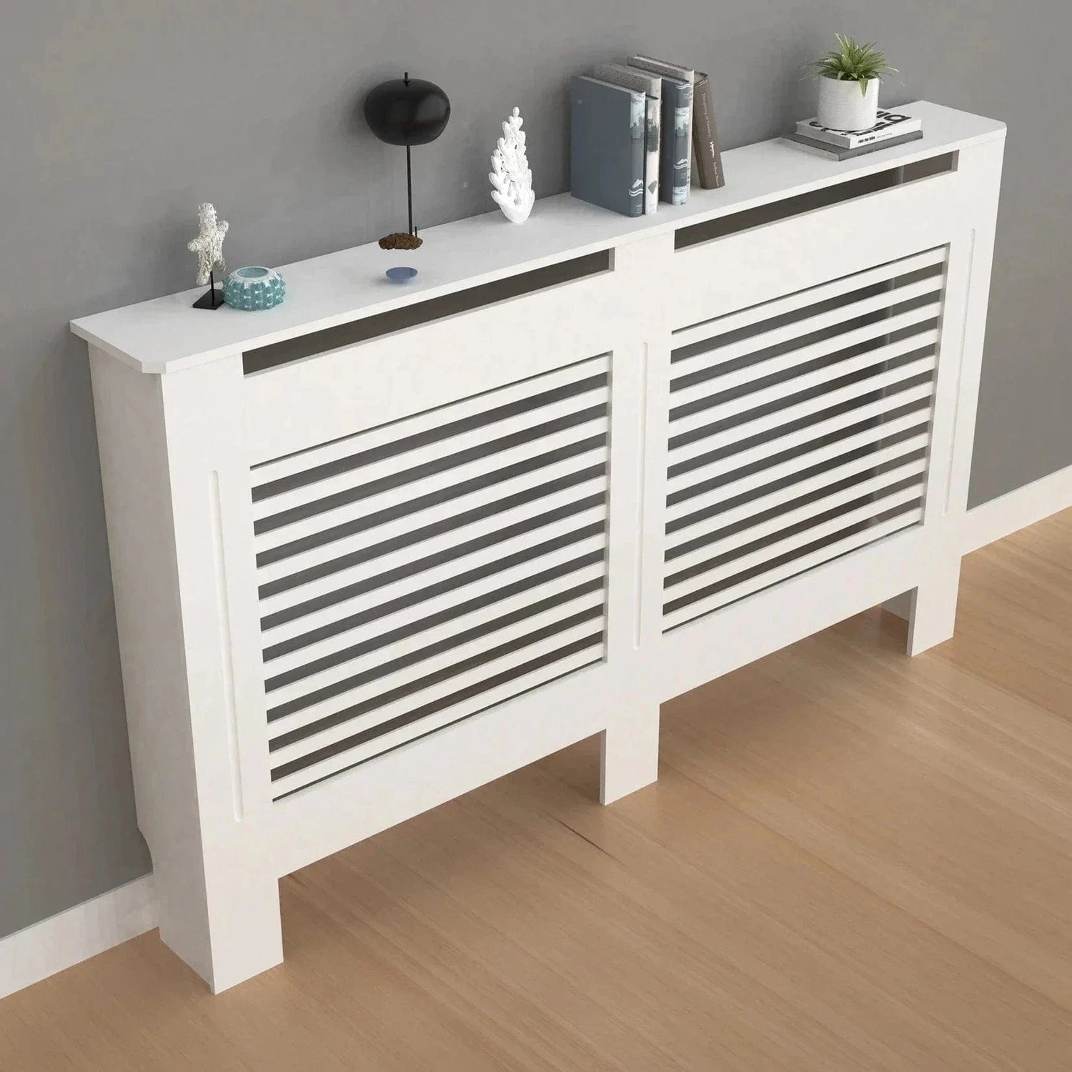 Wood Radiator Cover Cabinet – White MDF Heater Cover with Horizontal Slats