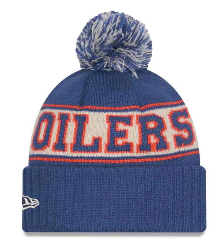 Men's Edmonton Oilers NHL New Era Royal Blue Retro Chill Knit Pom Hat