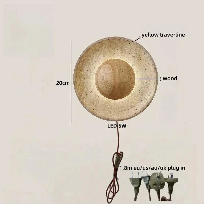 LED Wall Lamp with Switch – Wood & Travertine Wall Sconce for Bedroom, Living Room, or Stair Lighting