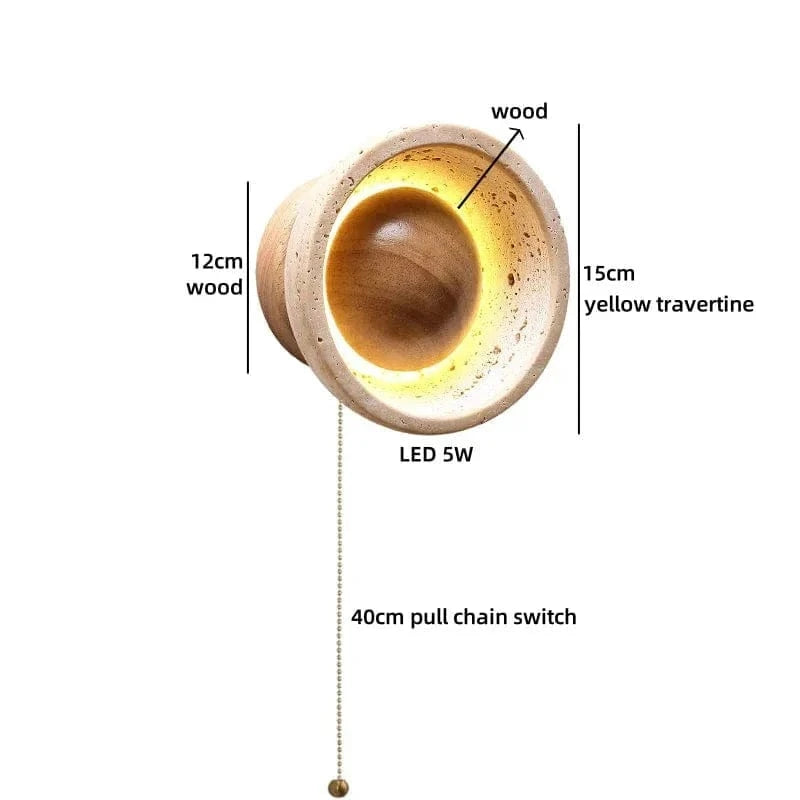 LED Wall Lamp with Switch – Wood & Travertine Wall Sconce for Bedroom, Living Room, or Stair Lighting