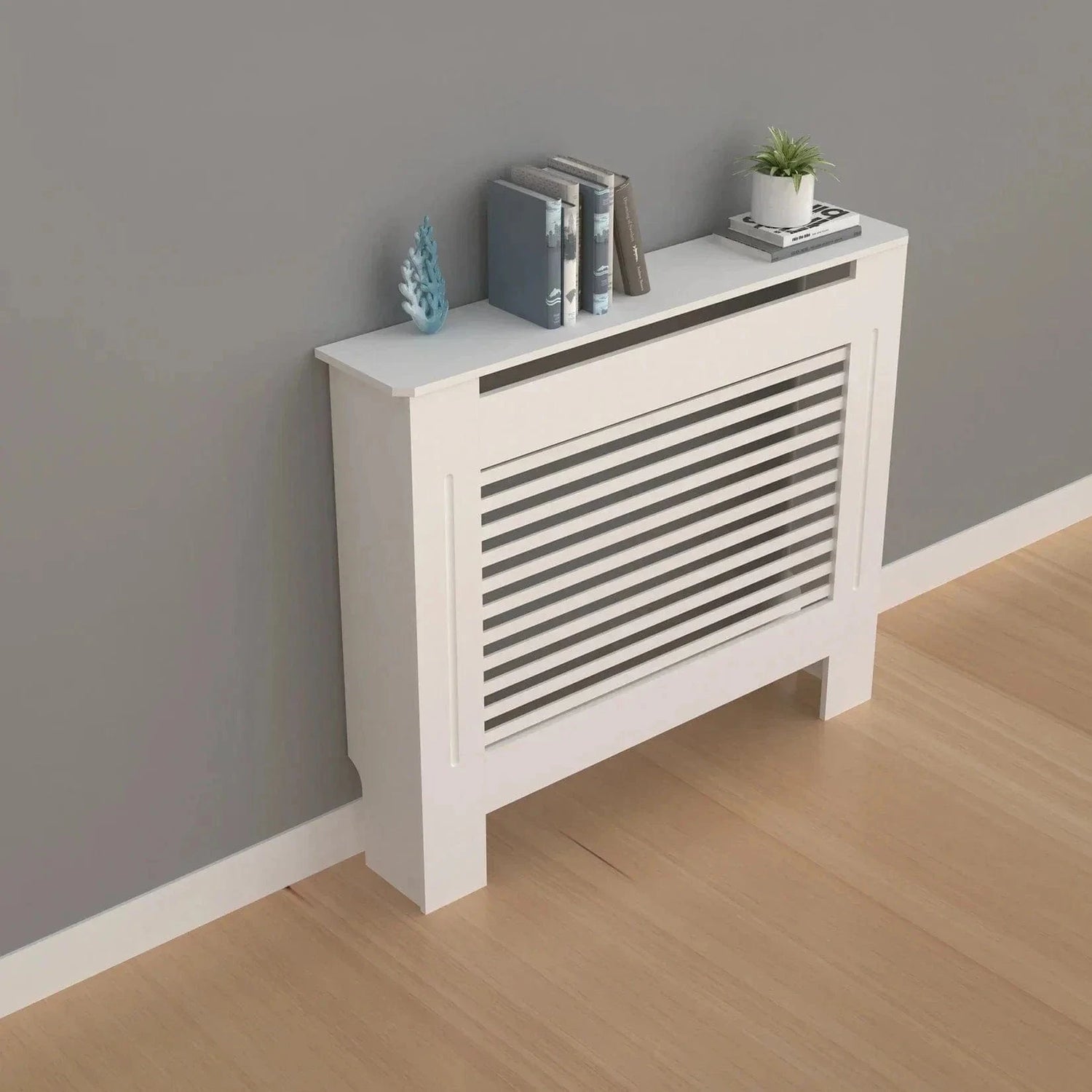 Wood Radiator Cover Cabinet – White MDF Heater Cover with Horizontal Slats
