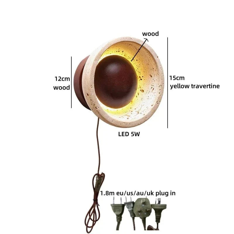 LED Wall Lamp with Switch – Wood & Travertine Wall Sconce for Bedroom, Living Room, or Stair Lighting