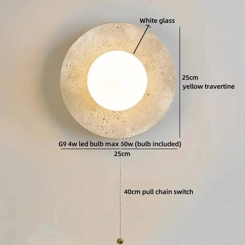 LED Wall Lamp with Switch – Wood & Travertine Wall Sconce for Bedroom, Living Room, or Stair Lighting