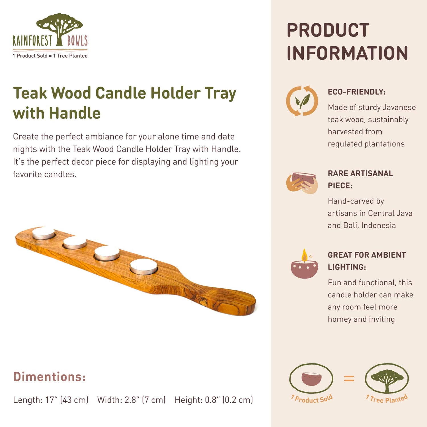 Teak Wood Candle Holder Tray with Handle