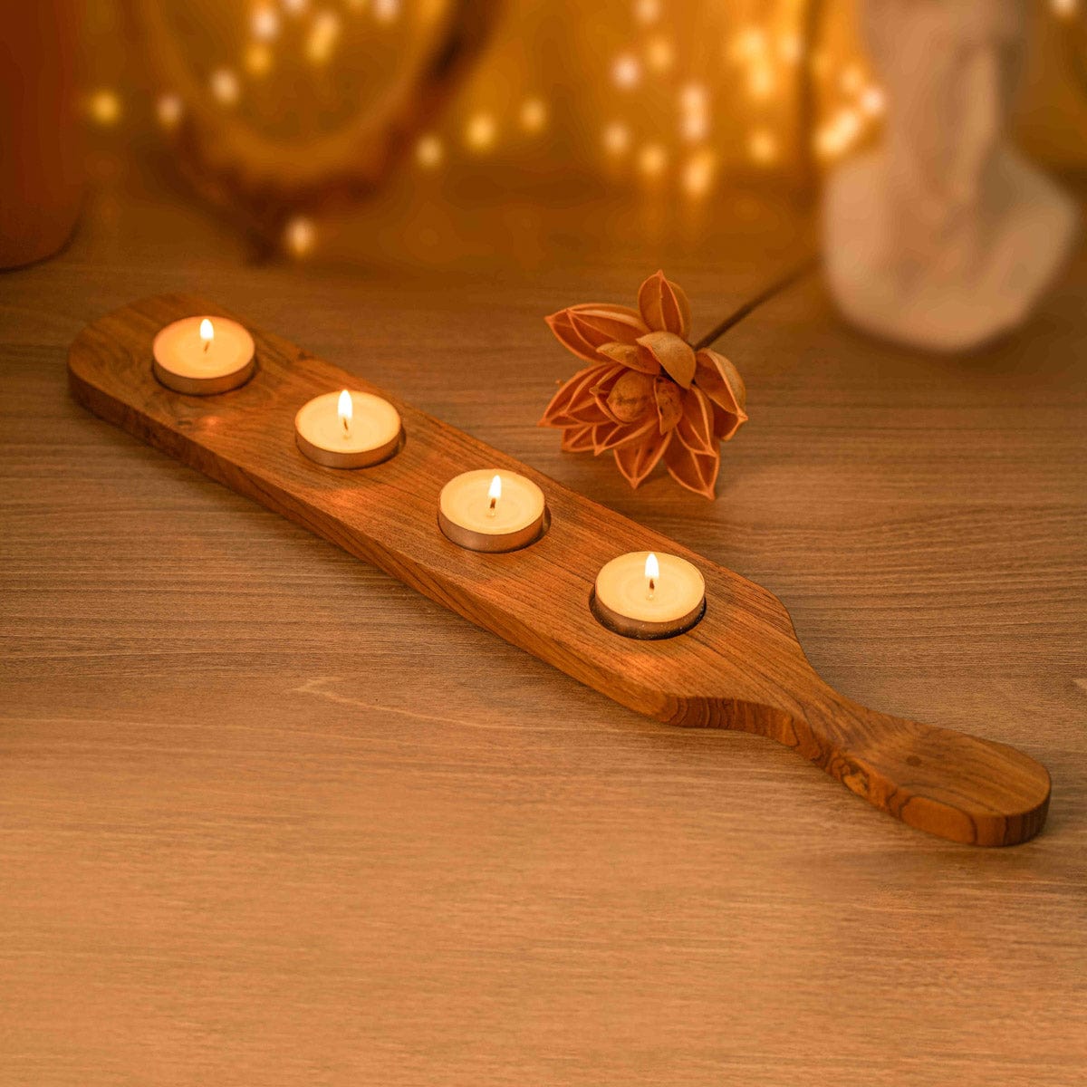 Teak Wood Candle Holder Tray with Handle