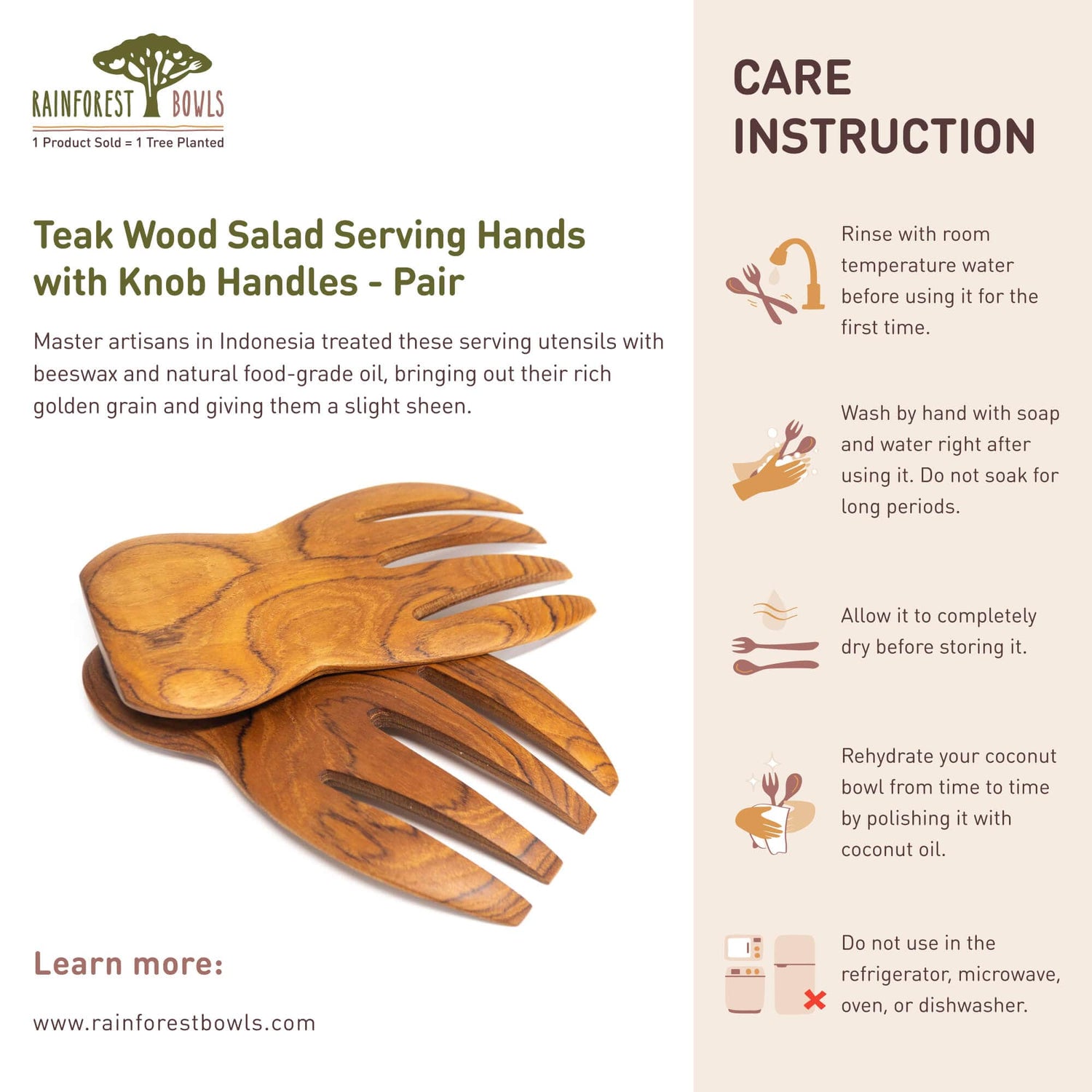 Teak Wood Salad Serving Hands - Pair