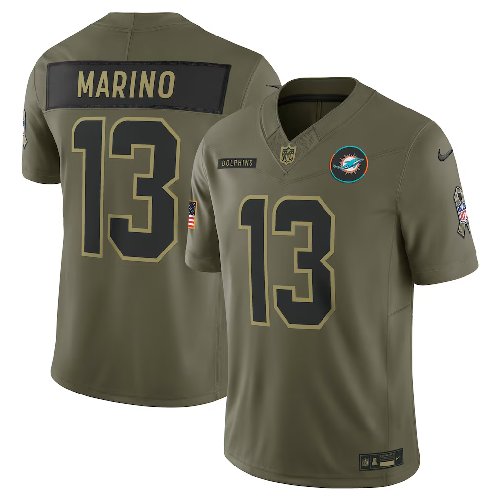 Men's Miami Dolphins Dan Marino Nike Olive 2025 Salute to Service Retired Limited Jersey