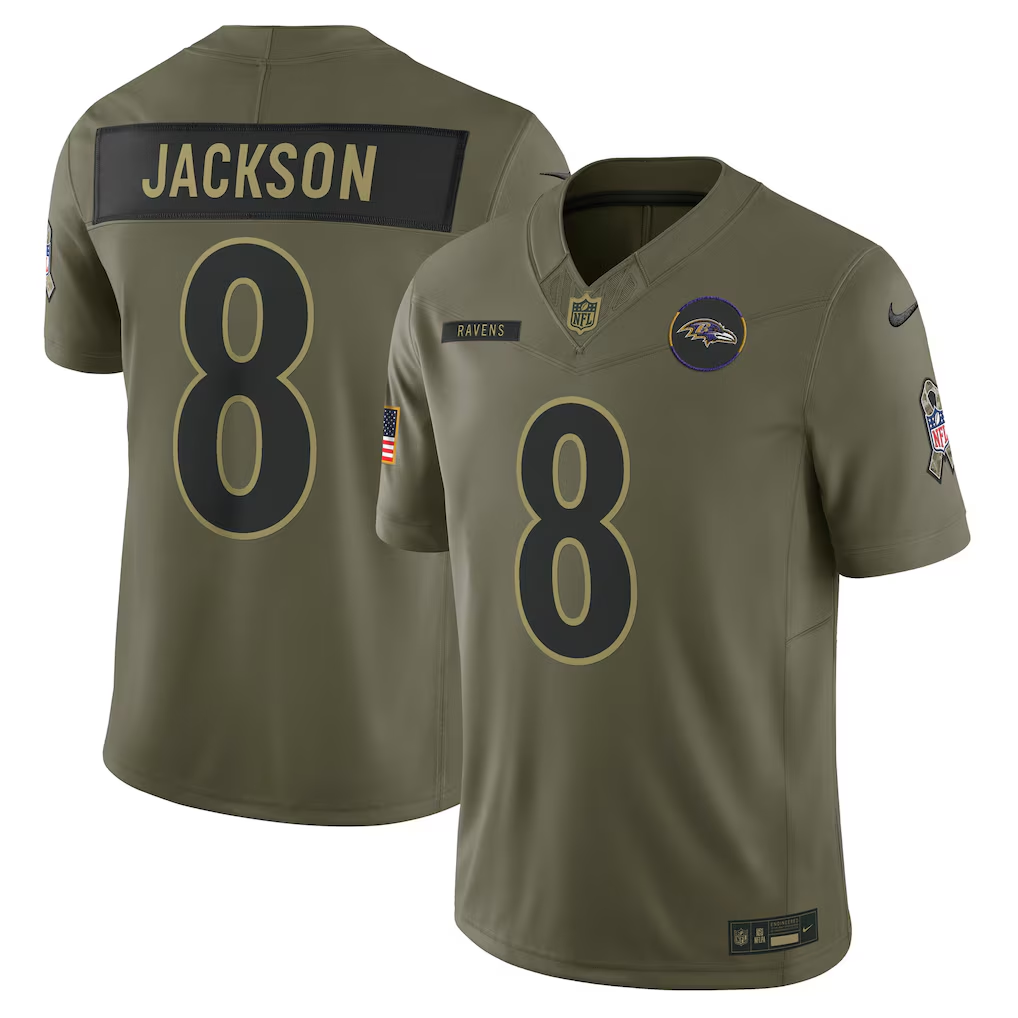 Men's Baltimore Ravens Lamar Jackson Nike Olive 2025 Salute to Service Limited Jersey