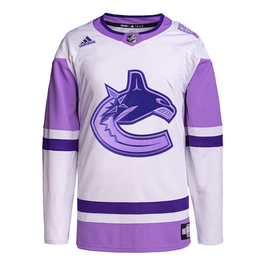 Men's Vancouver Canucks adidas White/Purple Hockey Fights Cancer Primegreen Authentic Blank Practice Jersey