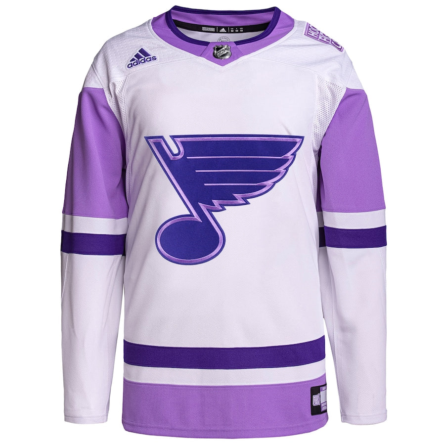 Men's St. Louis Blues adidas White/Purple Hockey Fights Cancer Primegreen Authentic Blank Practice Jersey